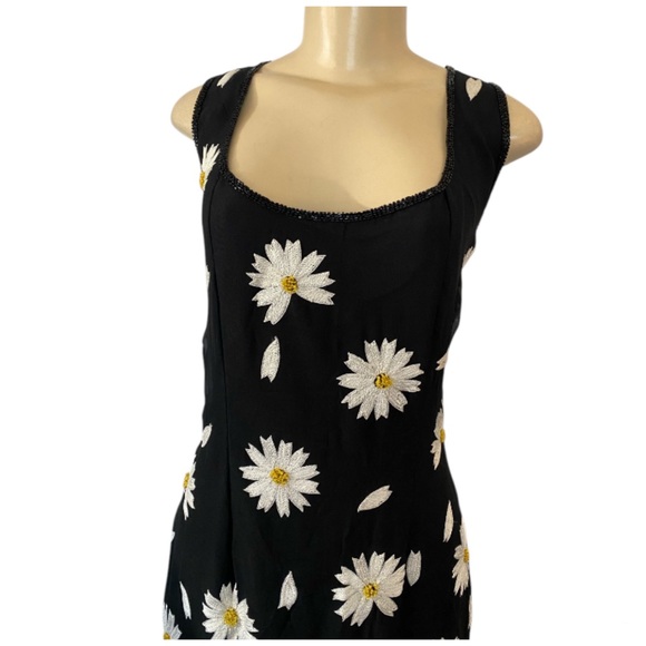 Y2K GUAL Designer Silk Embroidered Beaded Daisy Long Dress Black Size Large - Picture 3 of 12